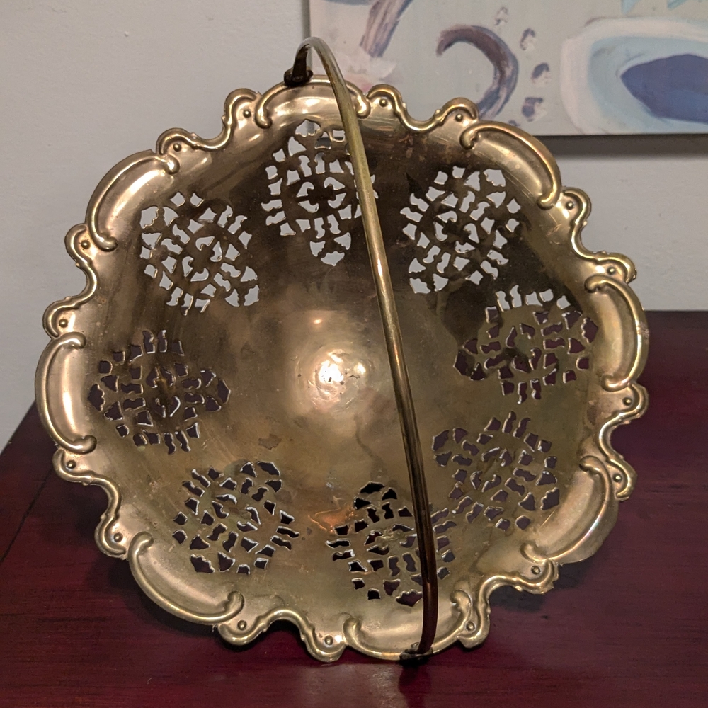 Vintage Brass Decorative Bowl Basket With Handle Victorian Pedestal